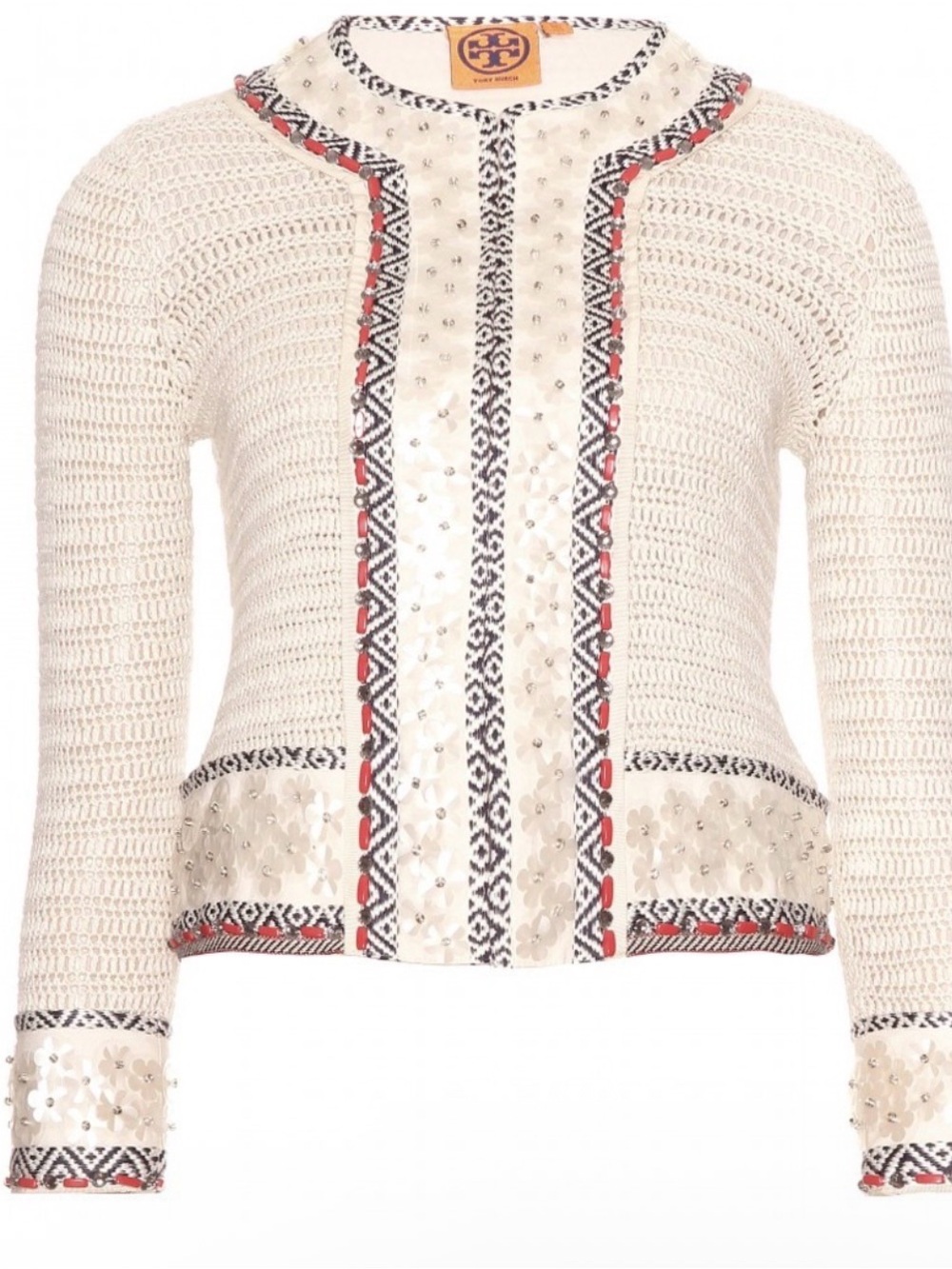 Tory Burch Cream Open-Knit Embellished Cardigan with Black and Red Trim